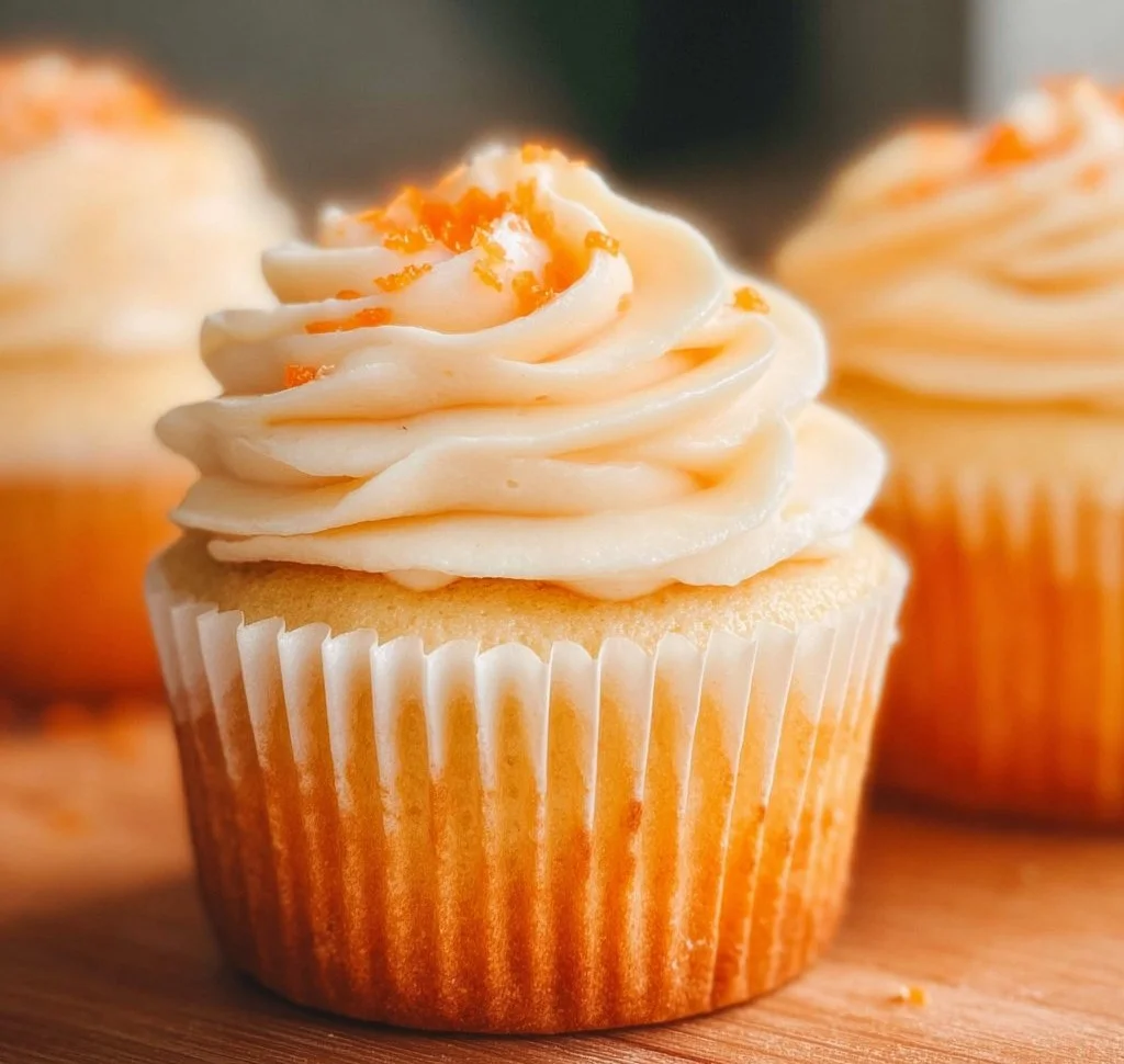 Delicious orange cupcakes with citrus frosting on a decorative plate.