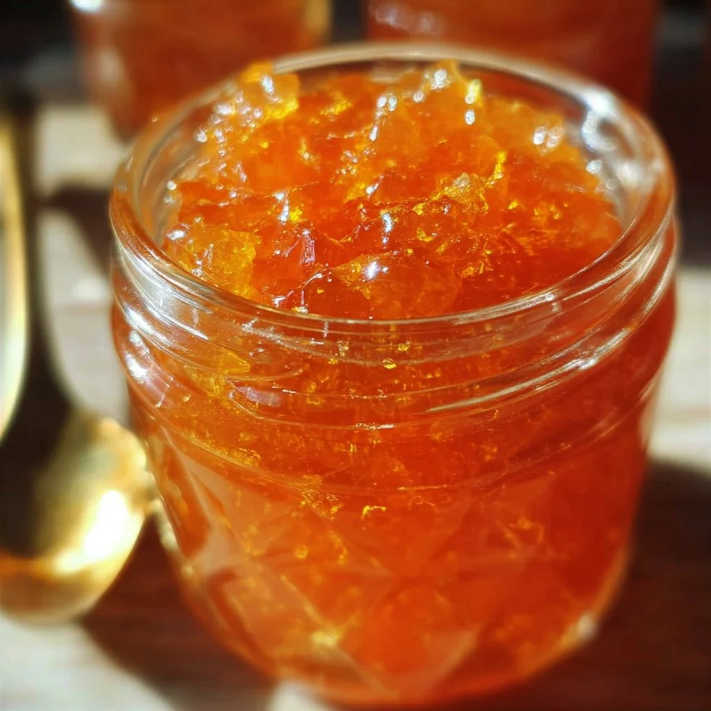 Jar of homemade orange marmalade with fresh oranges on the side.