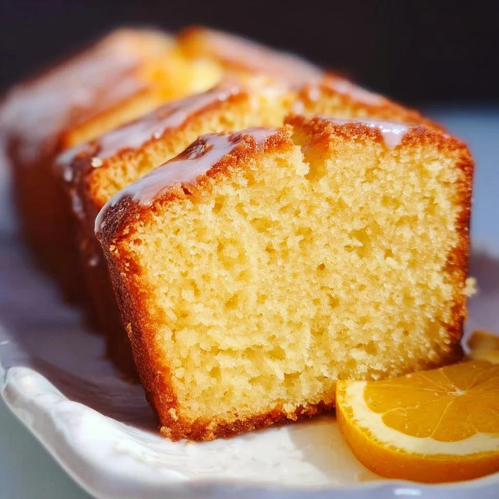 Delicious orange pound cake with a citrus glaze on a wooden table