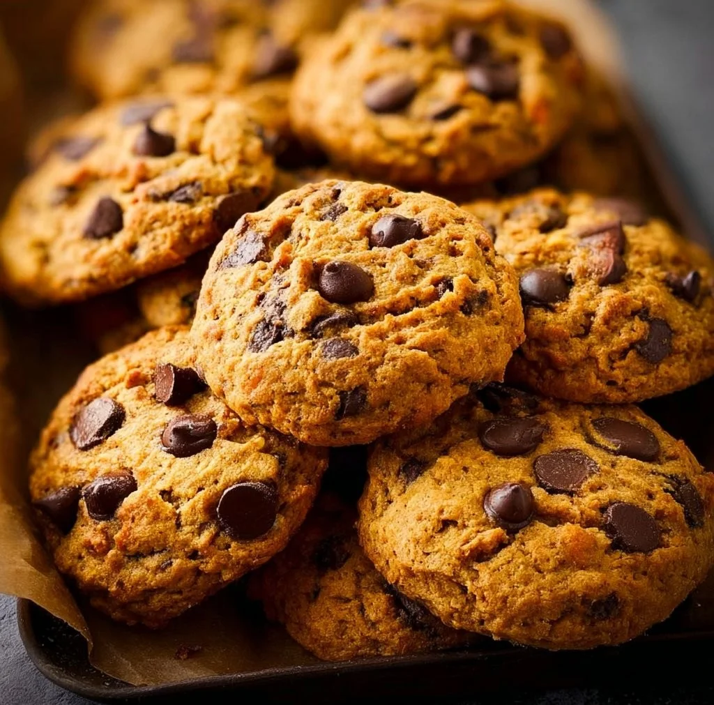 Delicious pumpkin chocolate chip oatmeal cookies on a baking tray.