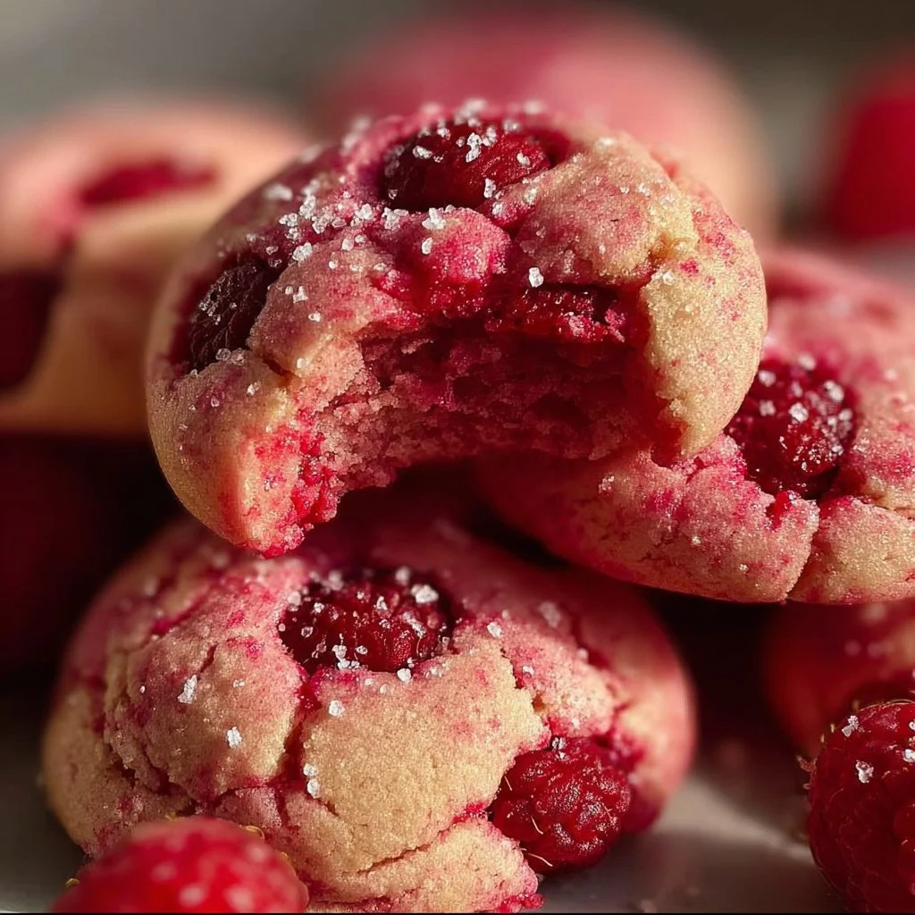 Freshly baked raspberry cookies on a cooling rack