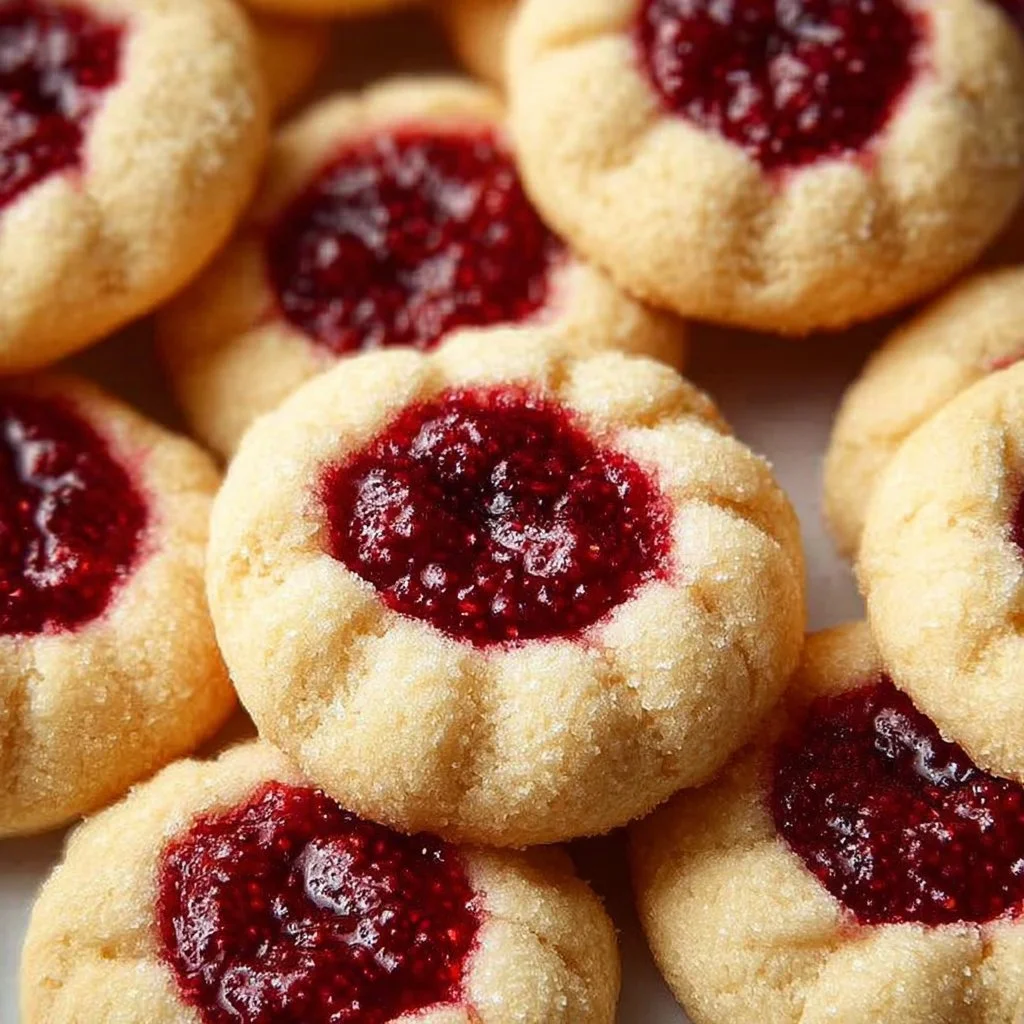 Freshly baked Raspberry Thumbprint Cookies with raspberry jam filling.