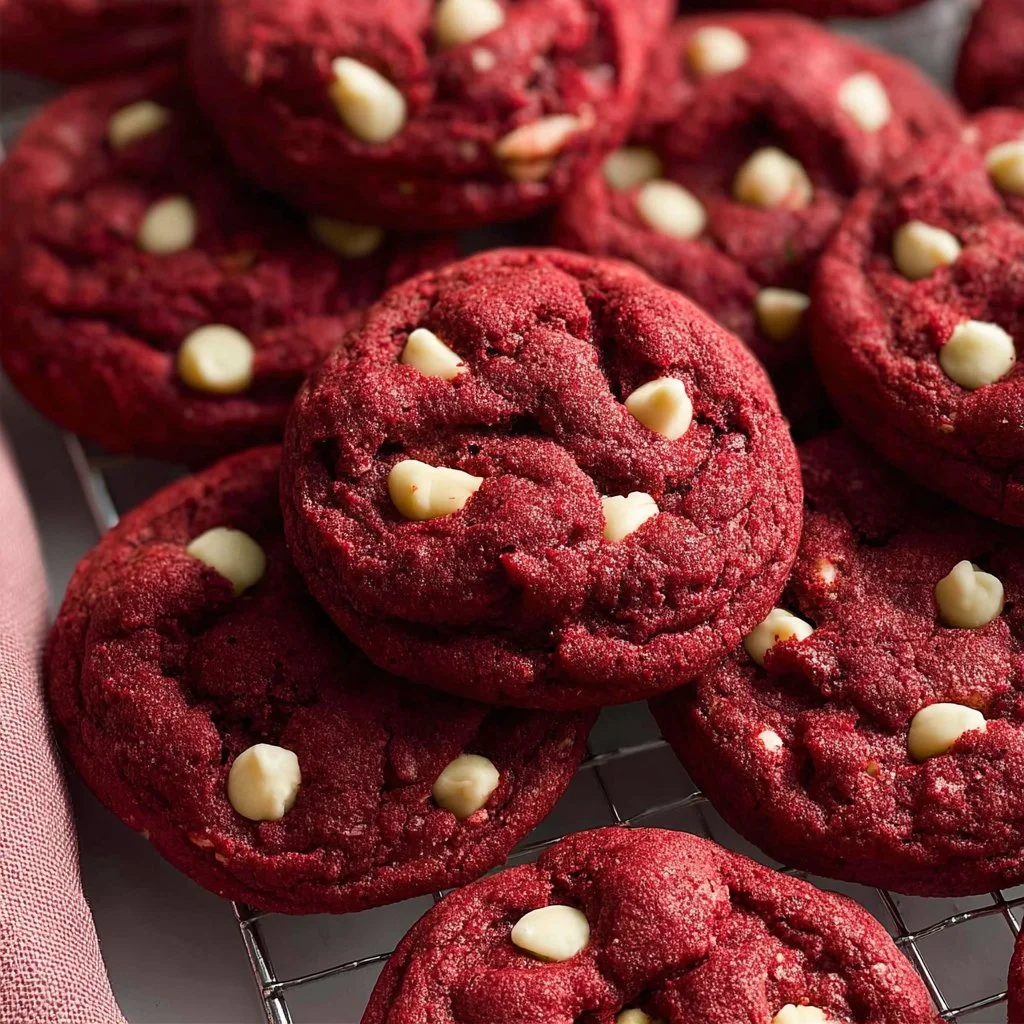 Red velvet cookies with white chocolate chips on a baking tray