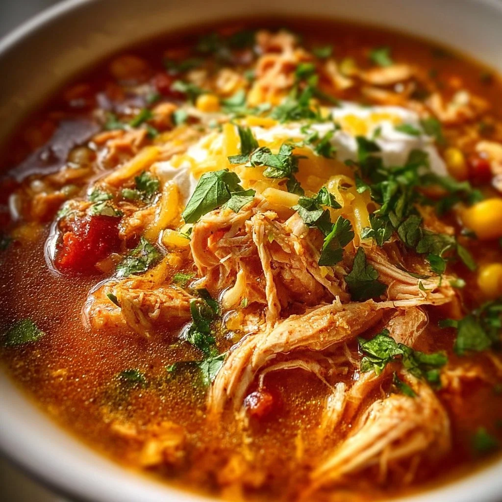 A hearty bowl of shredded chicken chili garnished with fresh herbs.