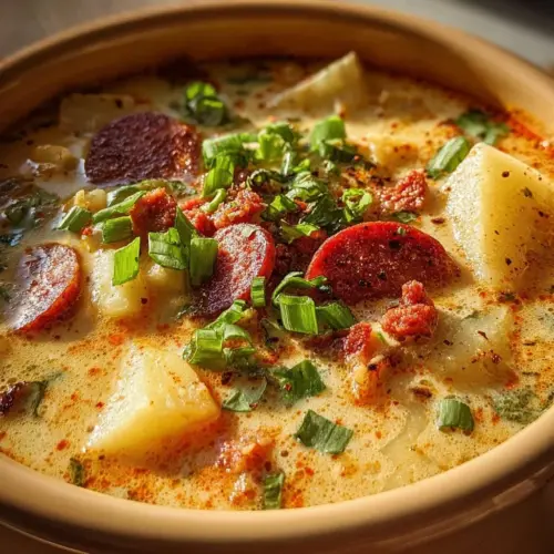 Bowl of Slow Cooker Cajun Potato Soup garnished with herbs