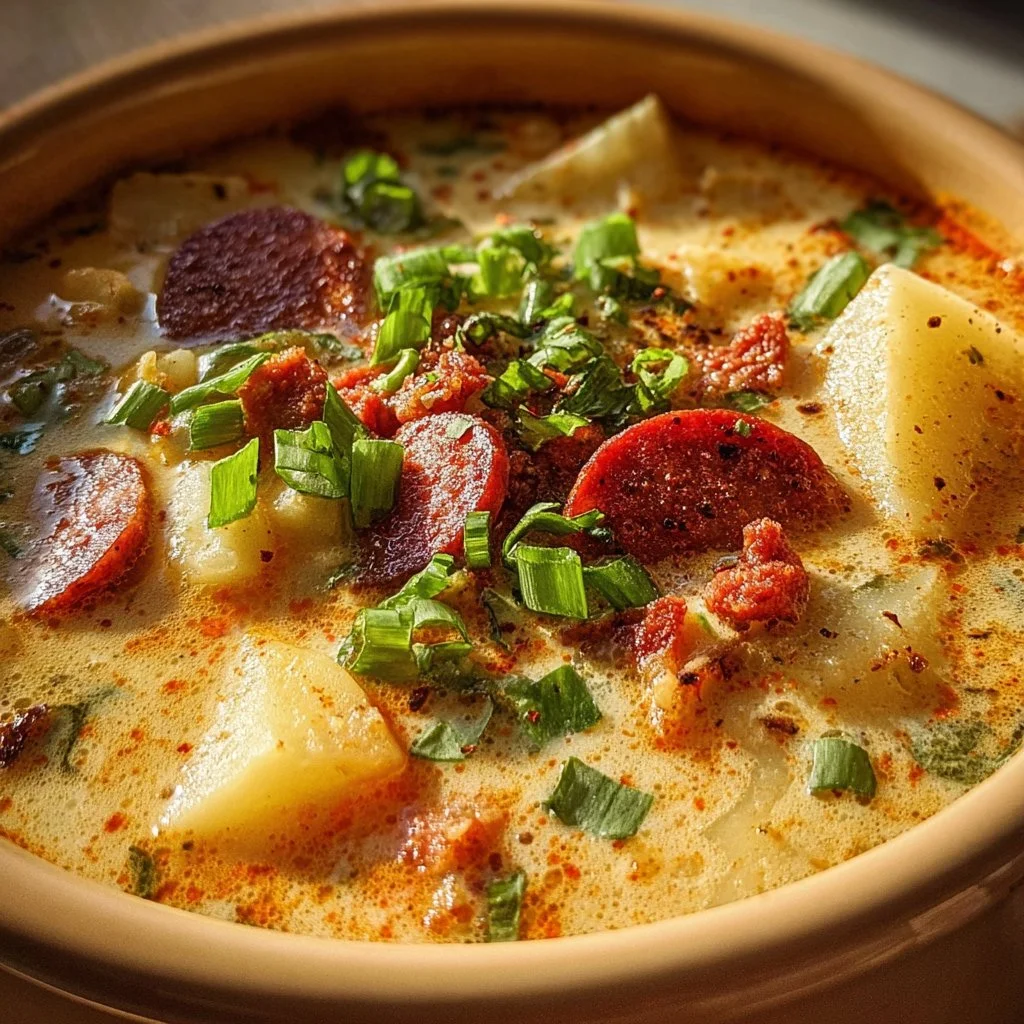 Bowl of Slow Cooker Cajun Potato Soup garnished with herbs