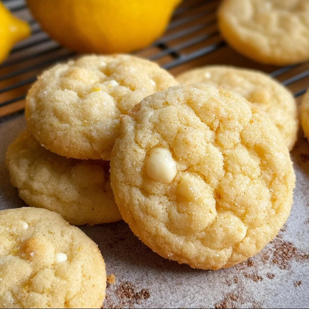 Soft and chewy lemon cookies on a plate with lemon slices