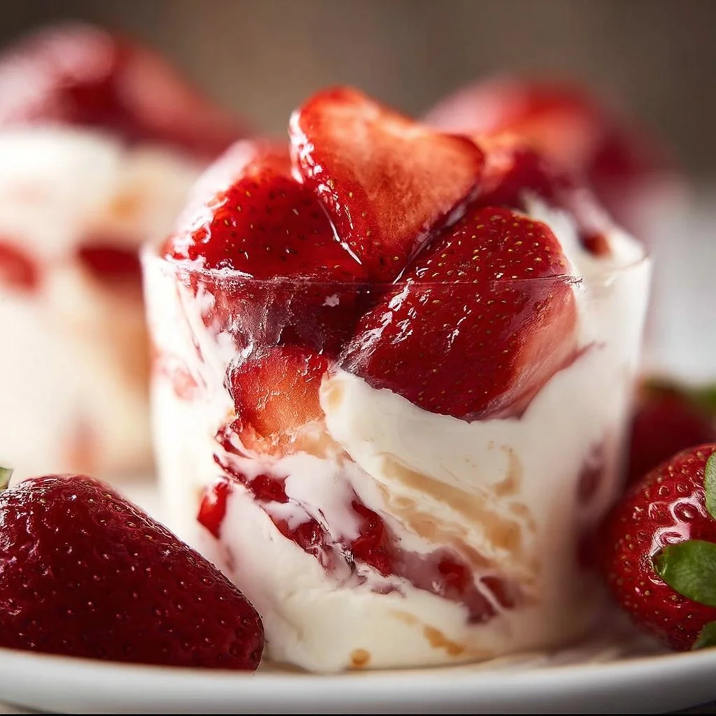 Delicious strawberries with cream dessert served in a bowl
