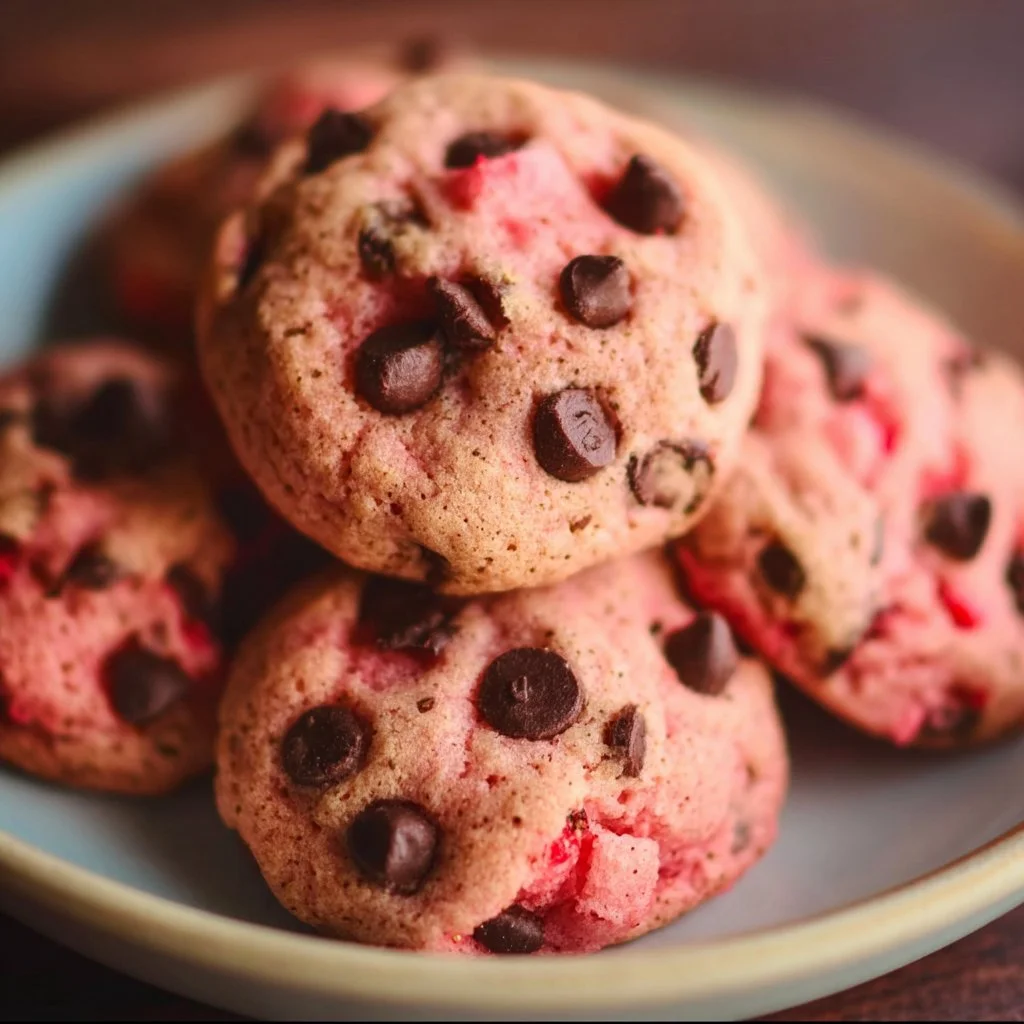 Strawberry cake mix cookies with chocolate chips on a cooling rack
