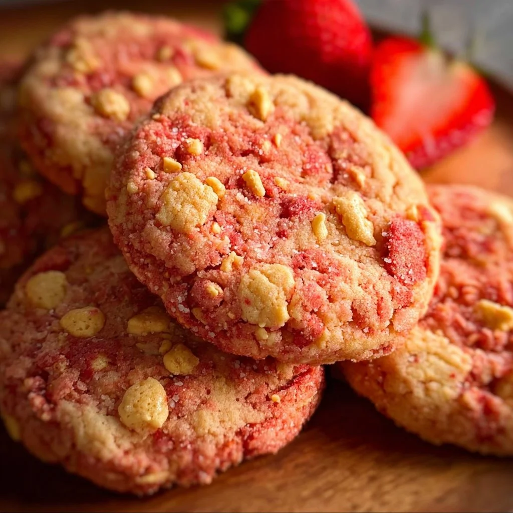 Delicious Strawberry Crunch Cookies with strawberry bits and a crunchy topping