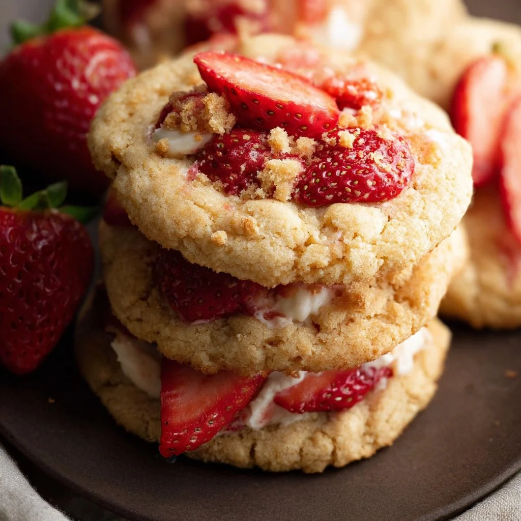 Delicious Strawberry Shortcake Cookies topped with fresh strawberries and cream.