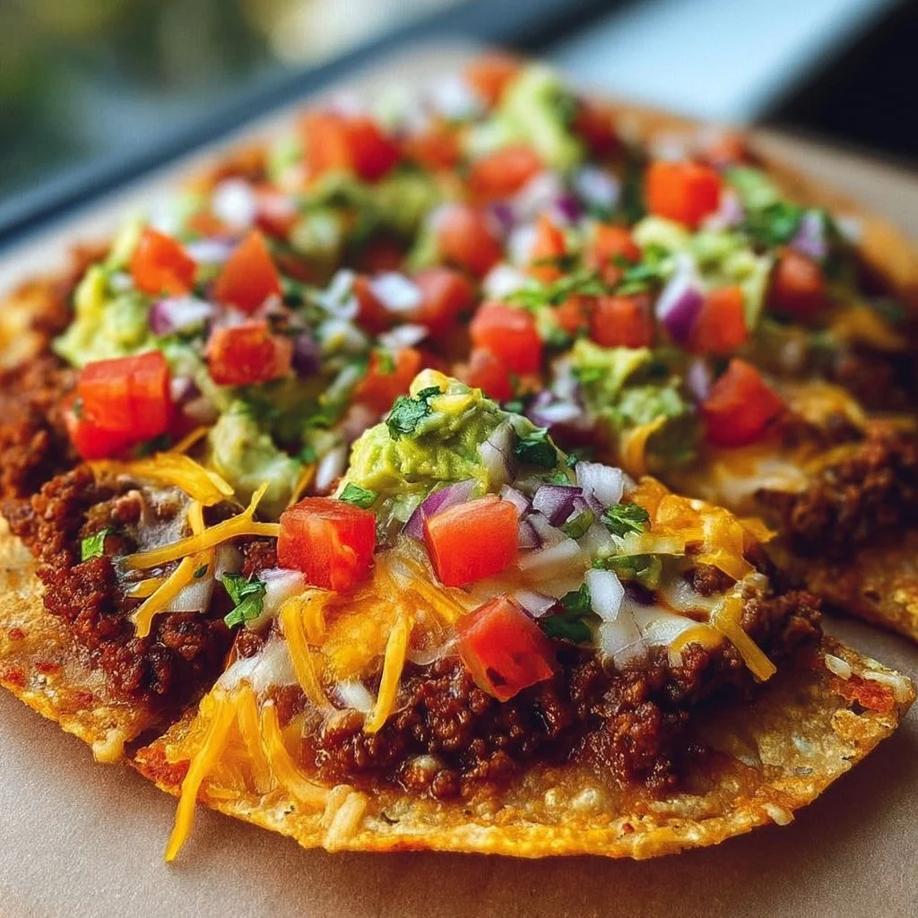 Taco Bell Mexican Pizza topped with fresh ingredients and melted cheese