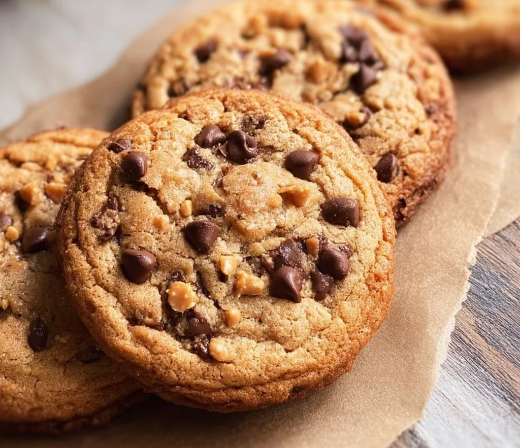 Delicious toffee chocolate chip cookies with melted chocolate and toffee chunks