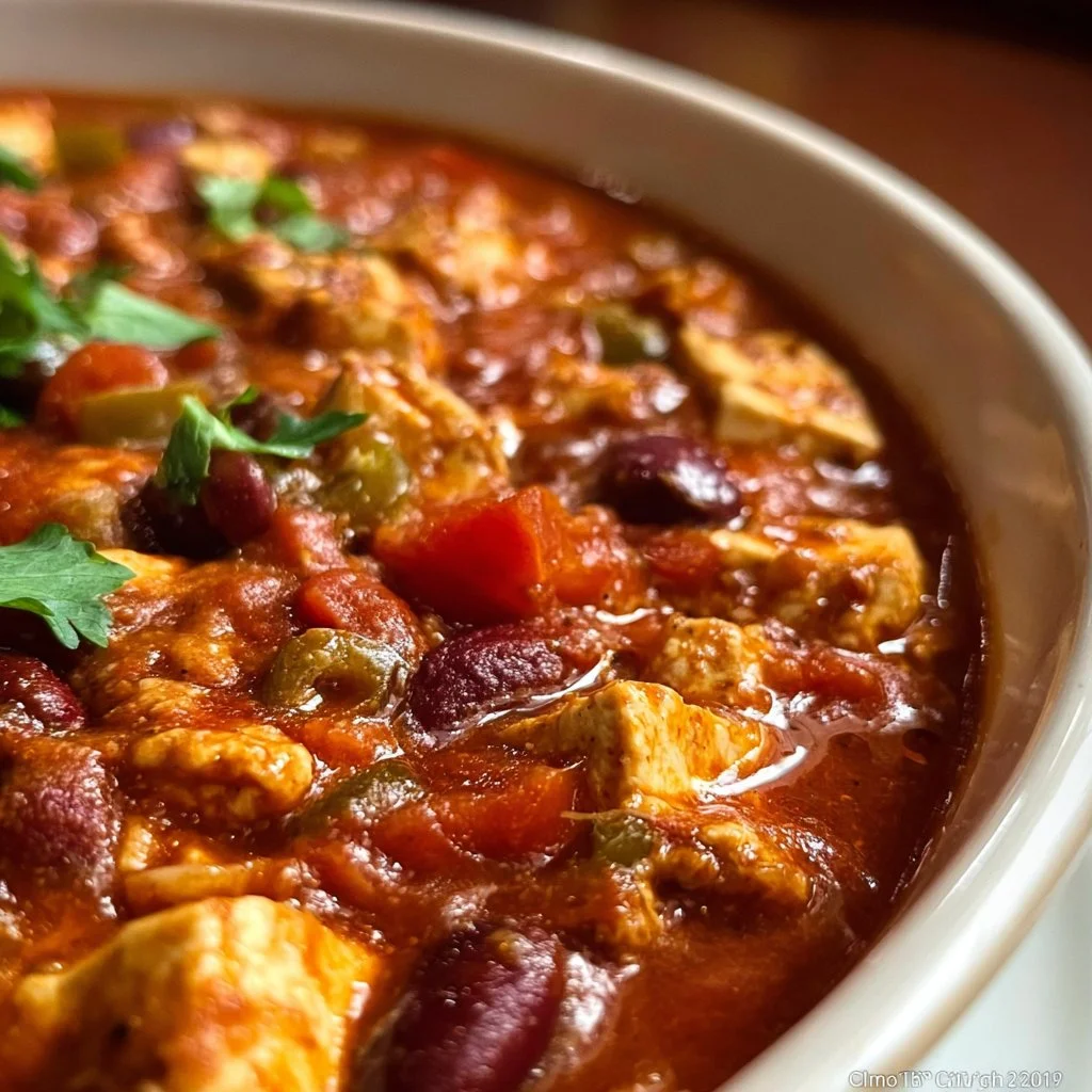 Bowl of flavorful tofu chili garnished with herbs