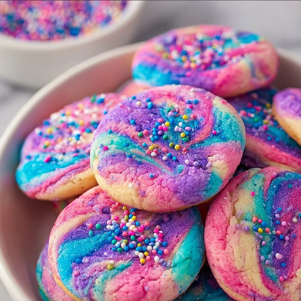Colorful unicorn cookies decorated with vibrant icing and sprinkles.