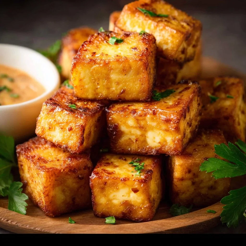 Crispy tofu cooked in an air fryer, ready to be served.