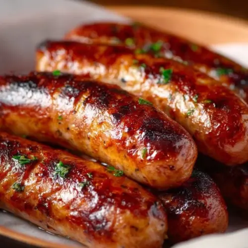 Air Fried Italian Sausage served on a plate with herbs