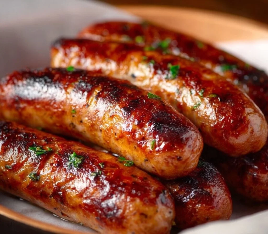 Air Fried Italian Sausage served on a plate with herbs