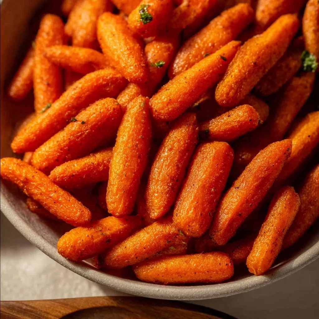 Air fried baby carrots in a serving bowl, garnished and ready to eat.