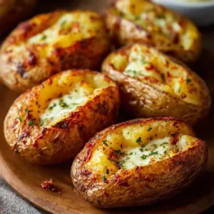Crispy air fryer baked potatoes served with toppings.