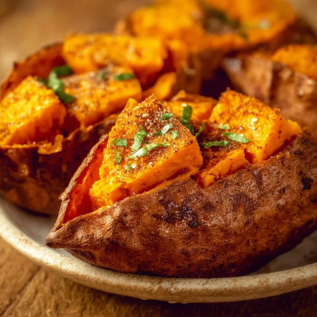 Delicious air fryer baked sweet potatoes ready to serve