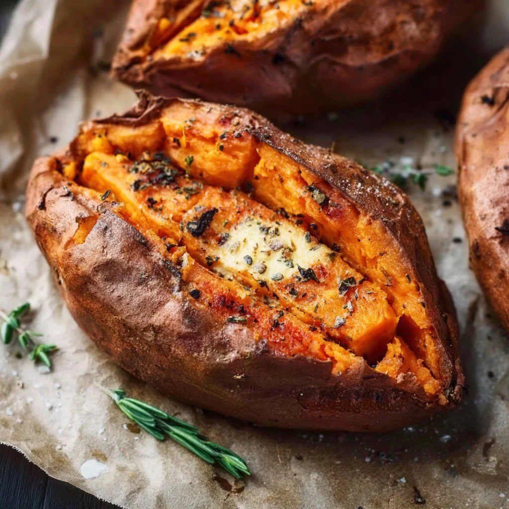 Air fryer baked sweet potatoes served with garnishes