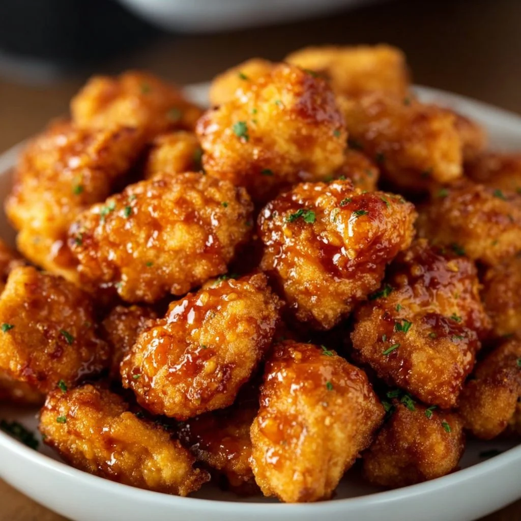 Plate of crispy Air Fryer Bang Bang Chicken garnished with green onions
