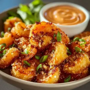 Plate of crispy Air Fryer Bang Bang Shrimp garnished with green onions