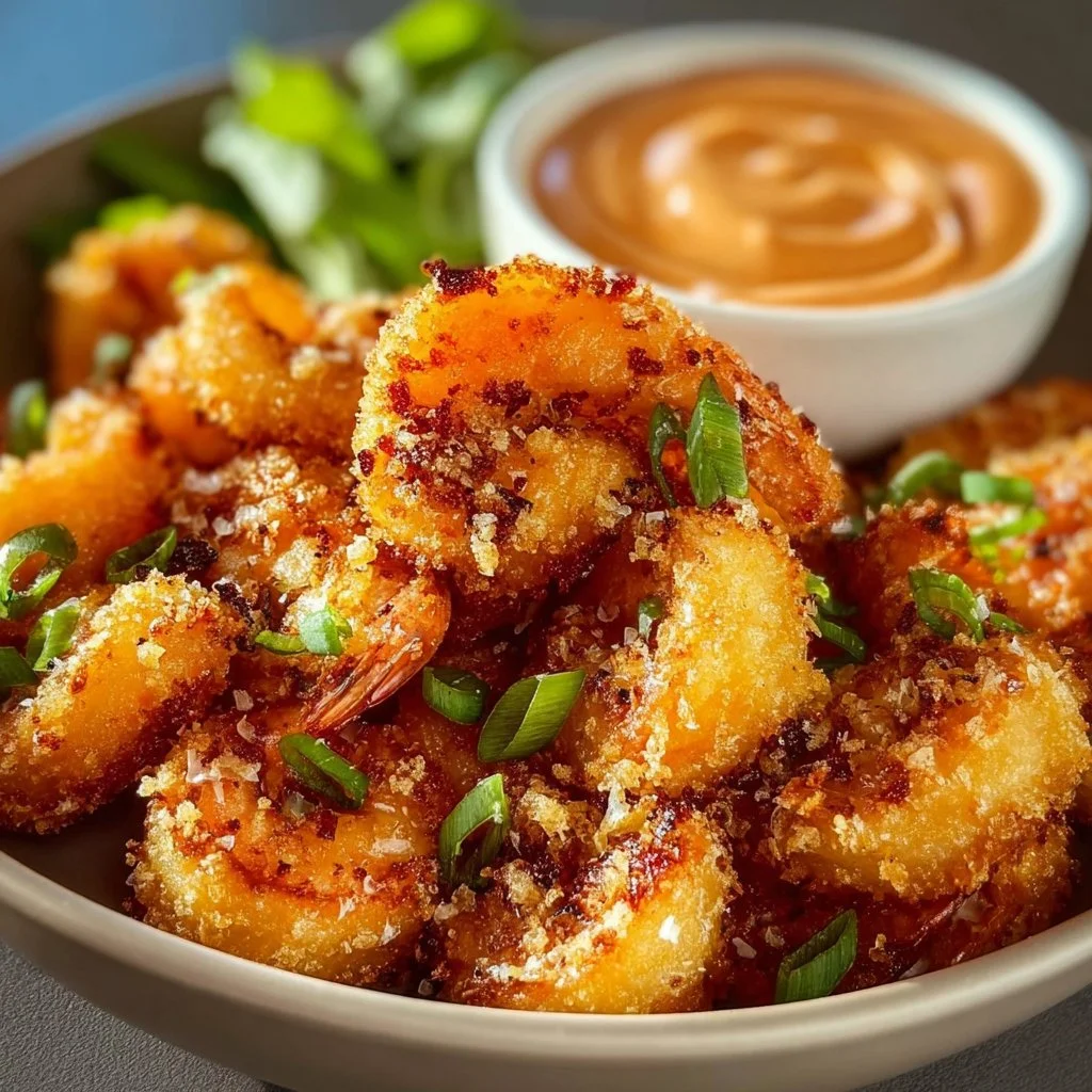 Plate of crispy Air Fryer Bang Bang Shrimp garnished with green onions