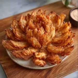 Crispy air fryer blooming onion served as a delicious appetizer