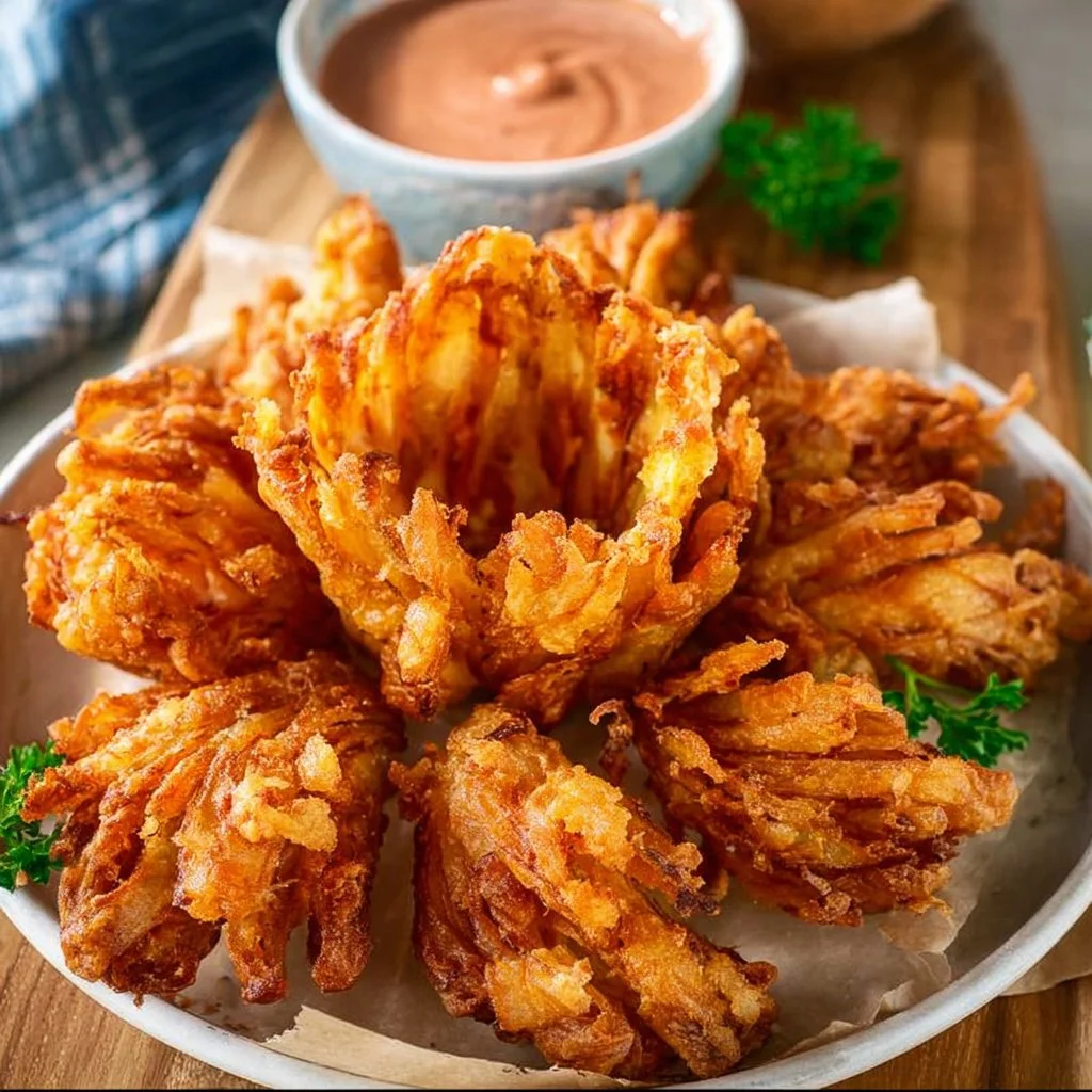 Delicious air fryer blooming onion served with dipping sauce