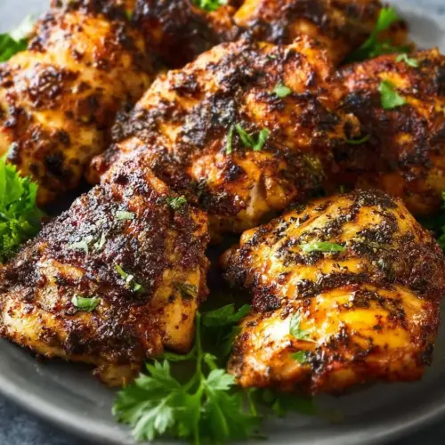 Air fryer boneless chicken thighs served with vegetables