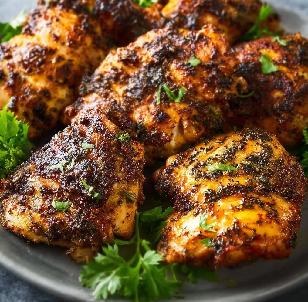 Air fryer boneless chicken thighs served with vegetables