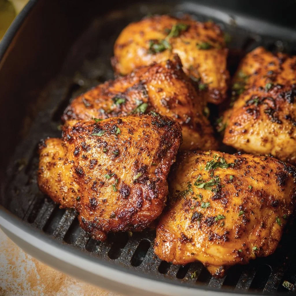 Delicious air fryer boneless chicken thighs served on a plate