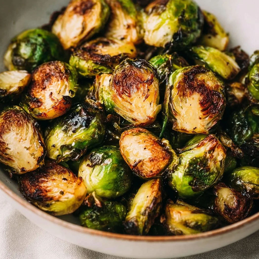 Crispy Air Fryer Brussels sprouts served in a bowl with seasoning