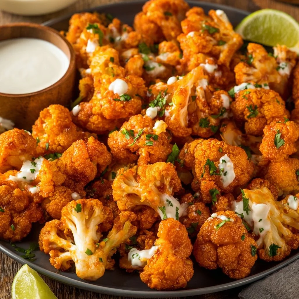 Crispy Air Fryer Buffalo Cauliflower served with a dip