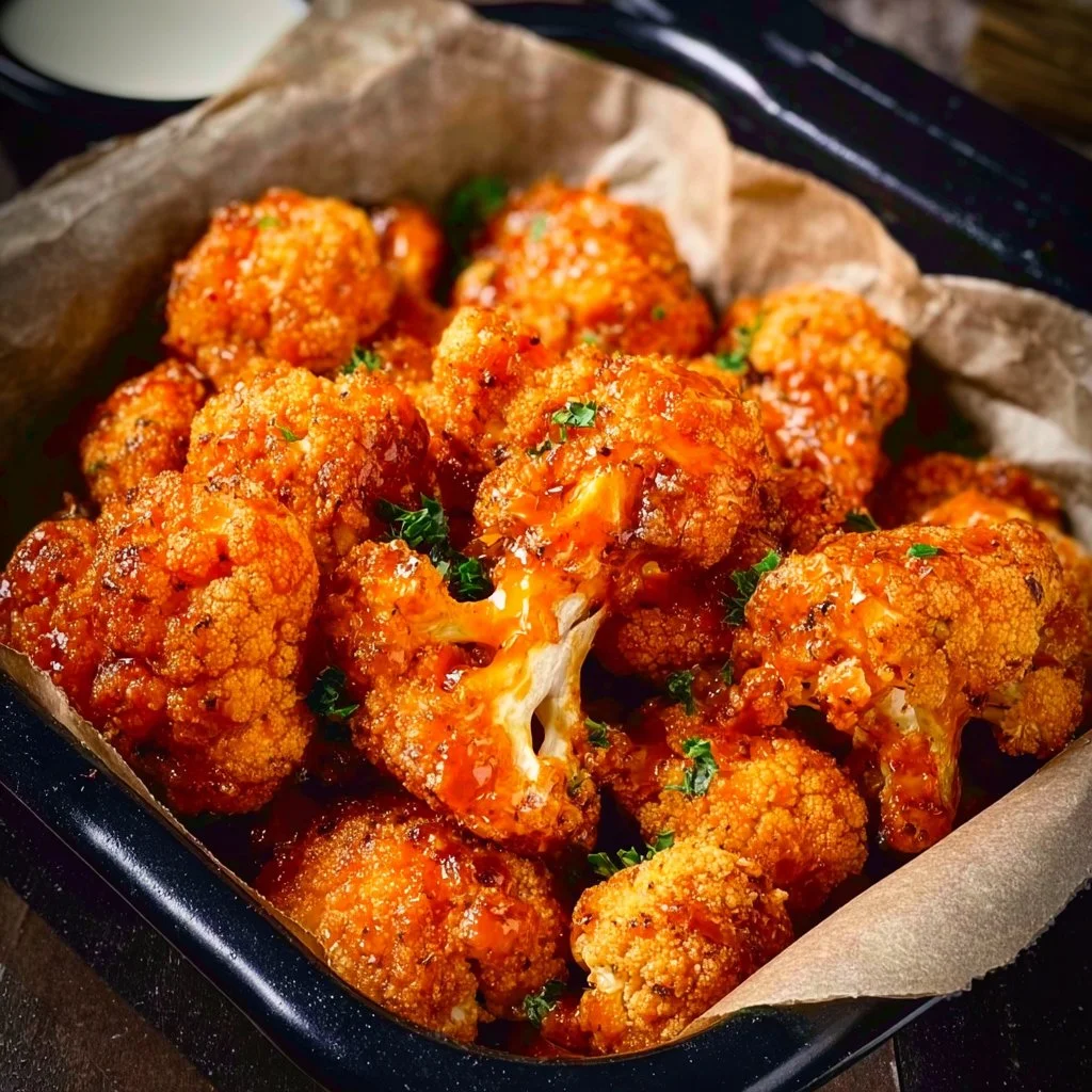 Plate of Air Fryer Buffalo Cauliflower Bites garnished with fresh herbs.
