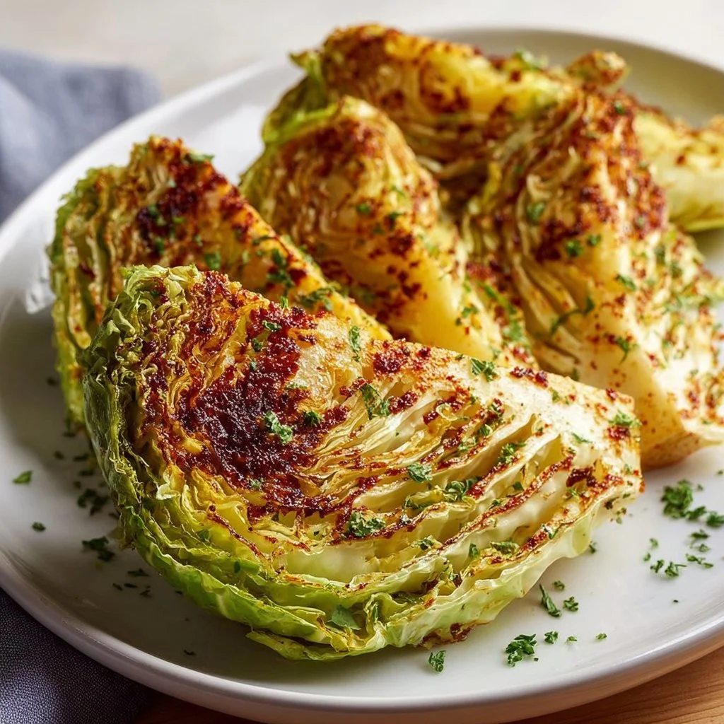 Crispy Air Fryer cabbage wedges served on a plate