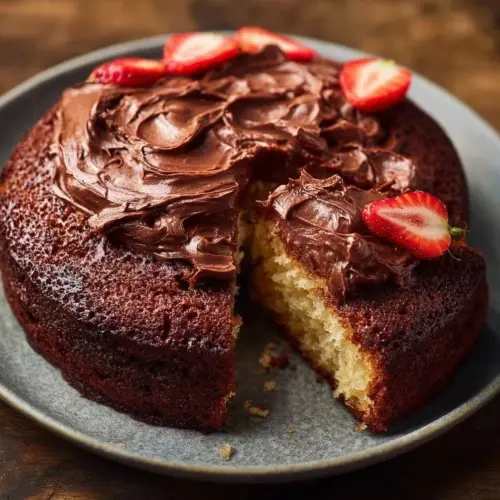 Deliciously baked Air Fryer Cake topped with frosting and berries