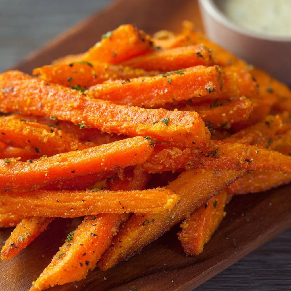 Healthy air fryer carrot fries served as a crispy side dish.