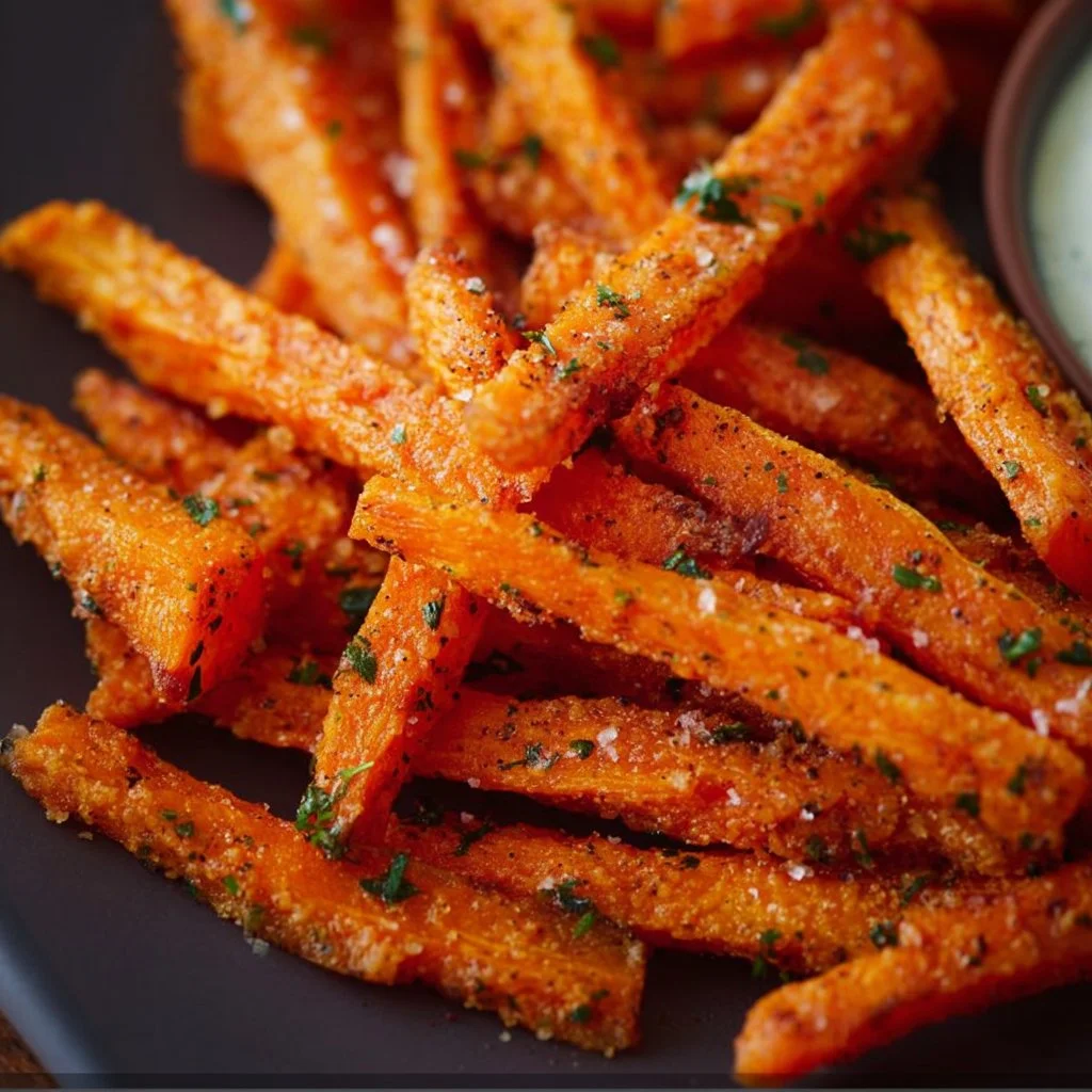 Plate of crispy air fryer carrot fries ready to eat