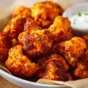 Air fryer cauliflower wings served with dipping sauce on a plate