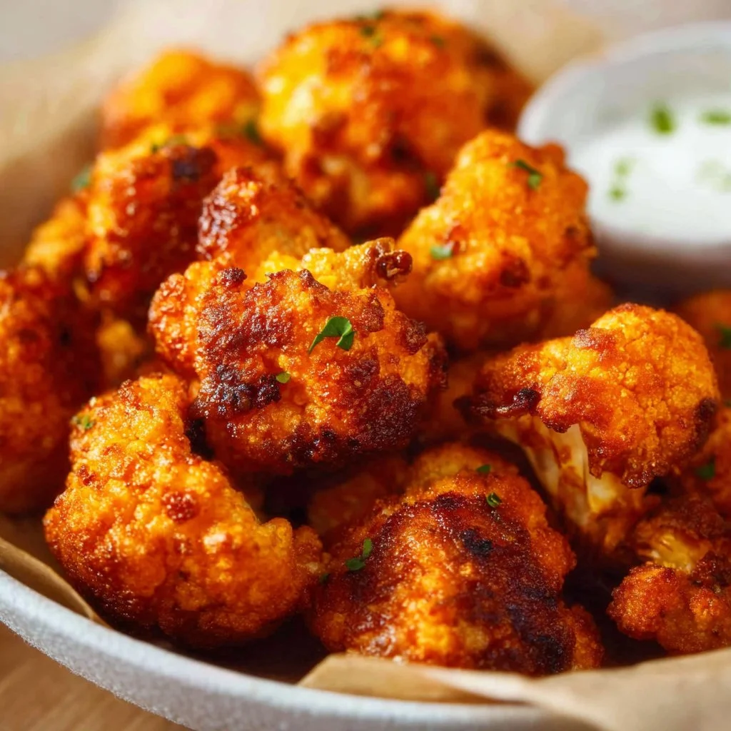 Air fryer cauliflower wings served with dipping sauce on a plate