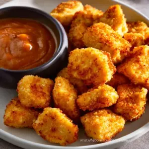 Crispy air fryer chicken bites served with dipping sauce