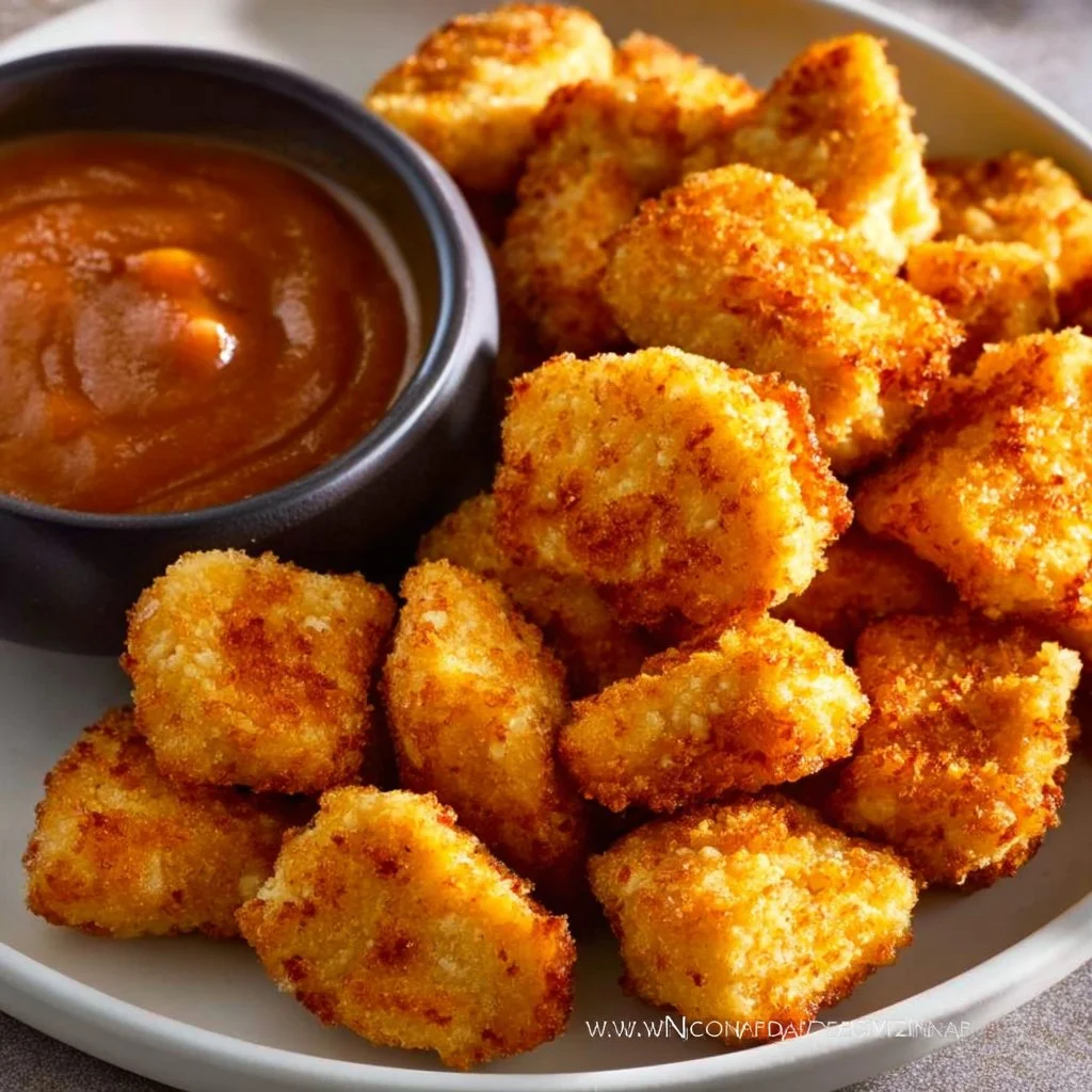 Crispy air fryer chicken bites served with dipping sauce