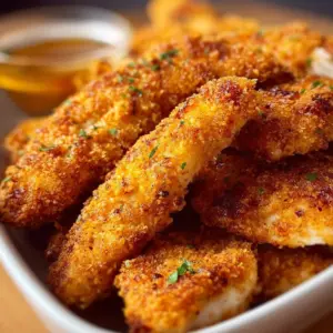 Crispy air fryer chicken strips served with dipping sauce