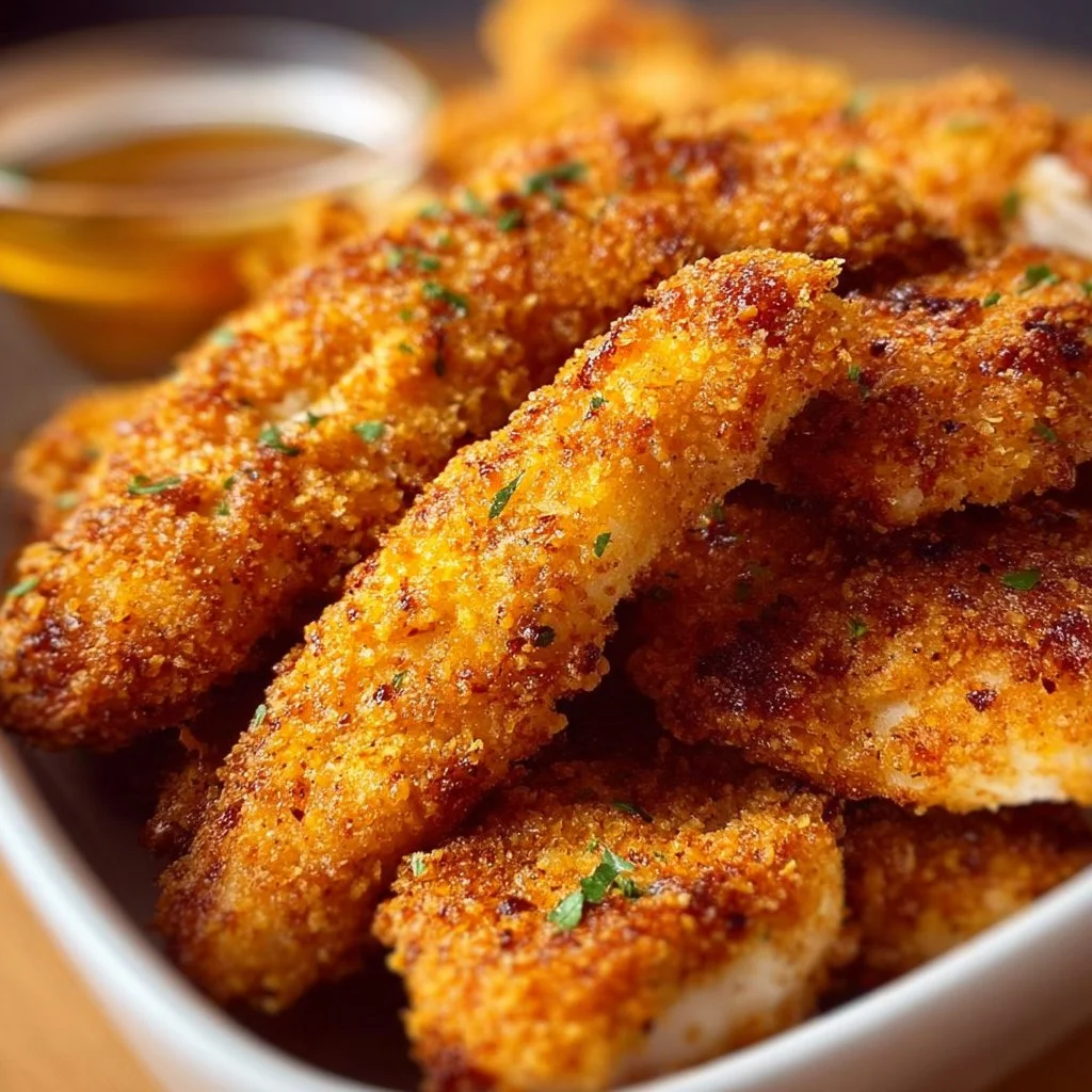 Crispy air fryer chicken strips served with dipping sauce