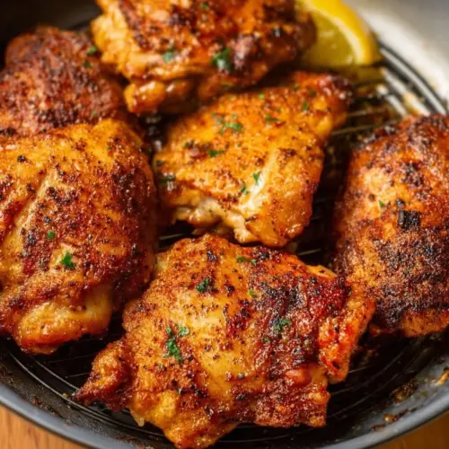 Crispy air fried chicken thighs served on a plate with herbs