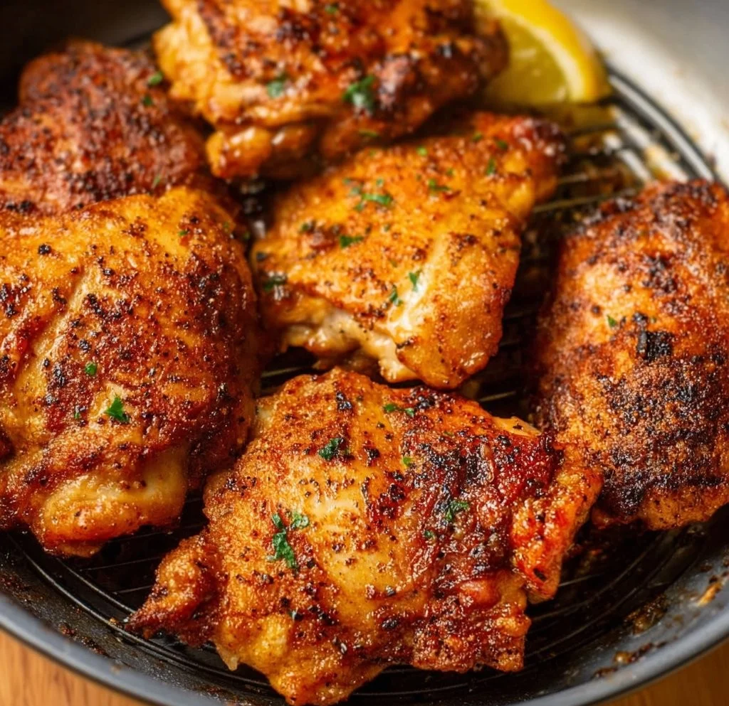 Crispy air fried chicken thighs served on a plate with herbs