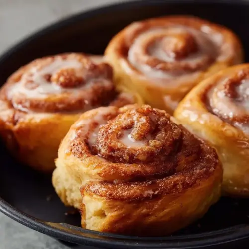 Deliciously golden Air Fryer Cinnamon Rolls ready to serve.
